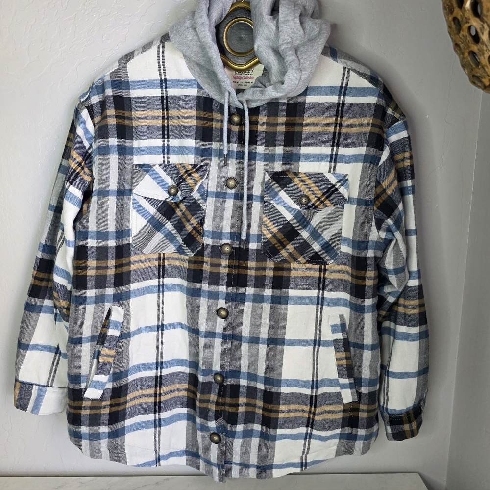 Ashley By 26 International Oversized Sherpa Flannel In Blue Brown Size Medium